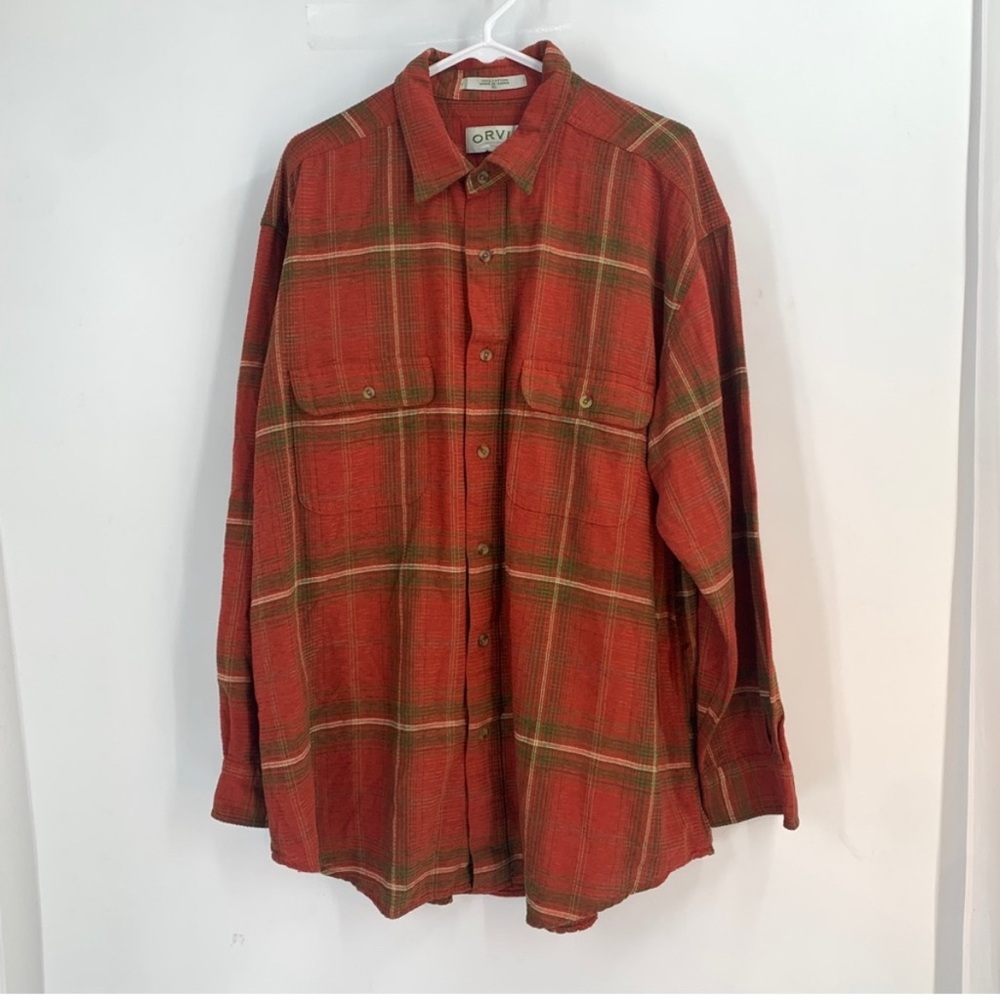 Orvis Red with Green and White Stripe Plaid Button Front Men's Shirt
